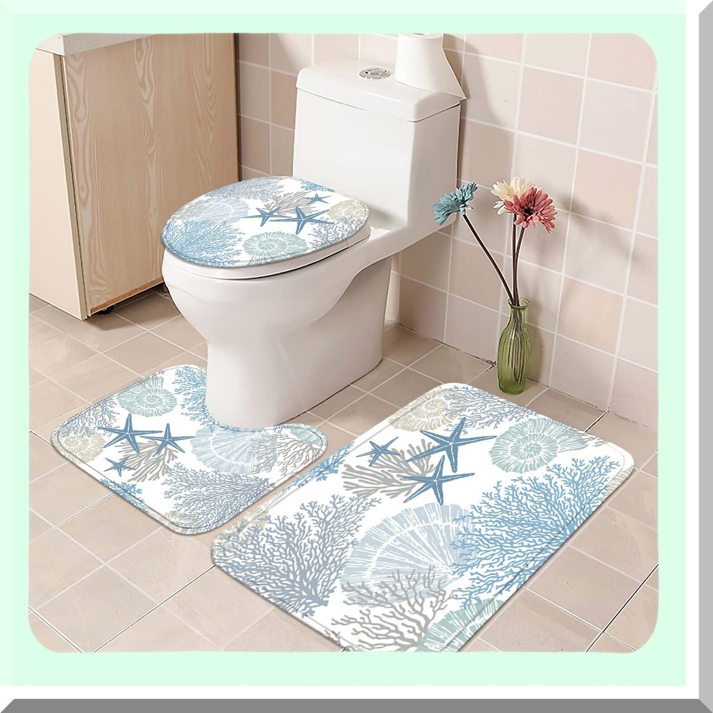 4 Pcs Beach Shower Curtain and Rugs Set Blue Starfish
