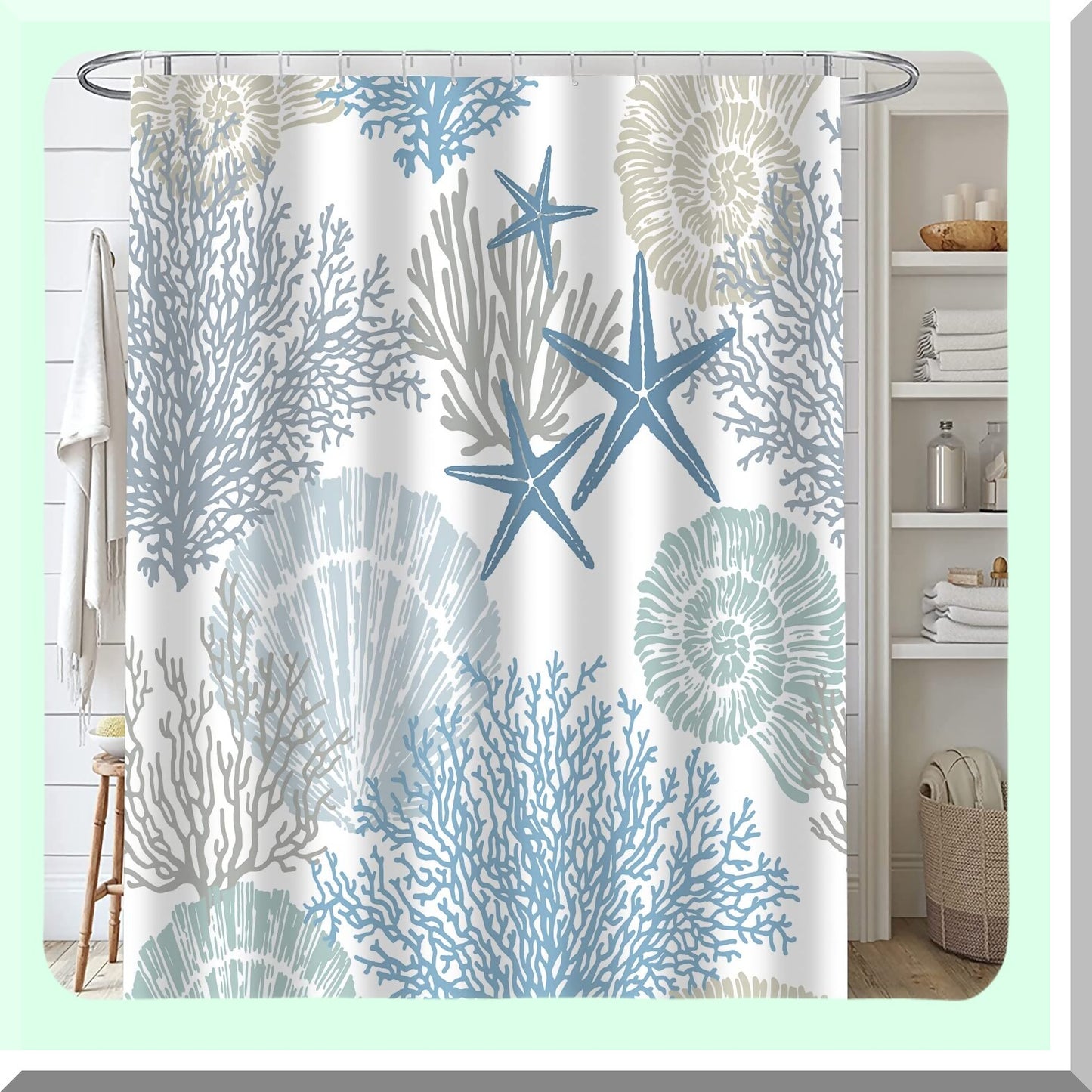 4 Pcs Beach Shower Curtain and Rugs Set Blue Starfish