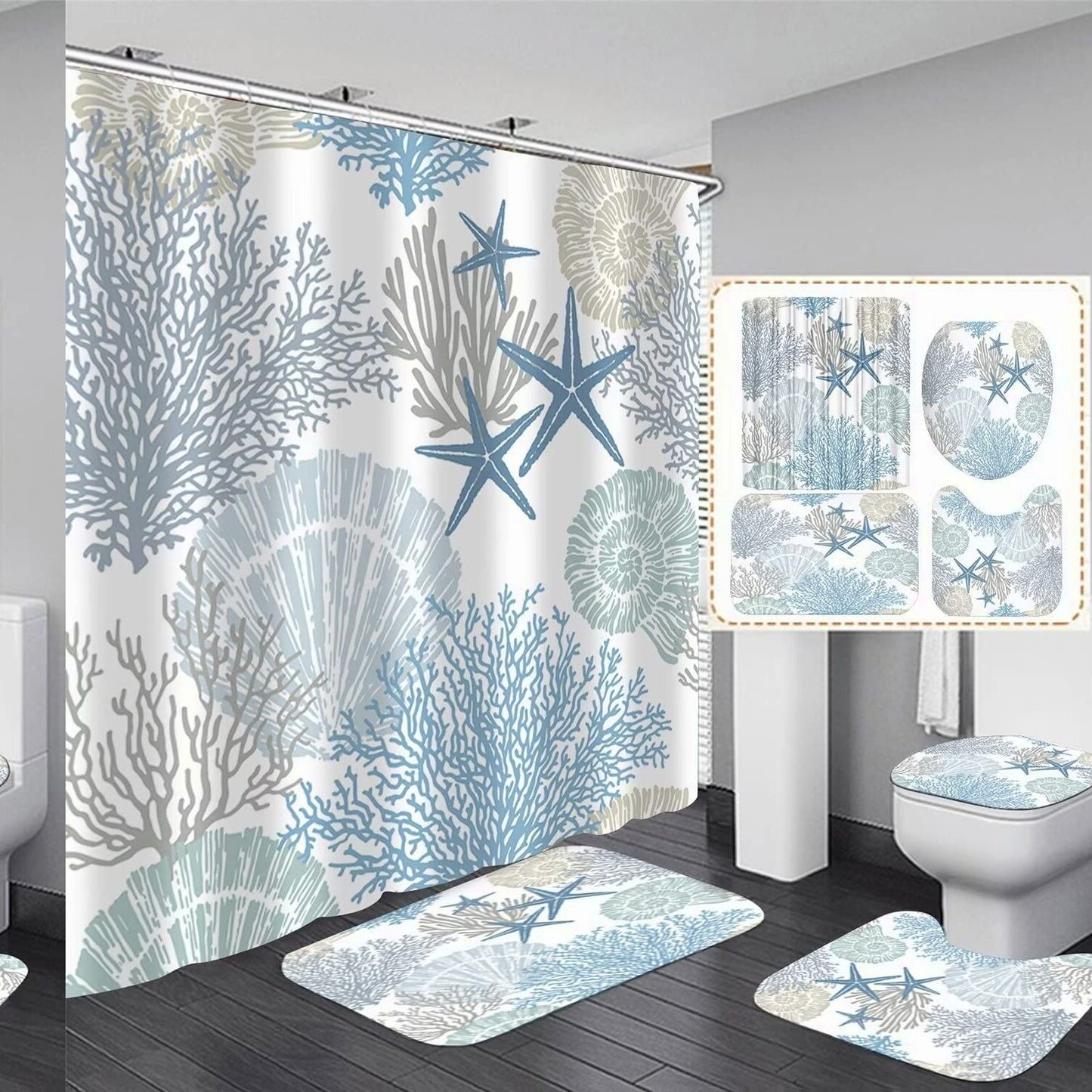 4 Pcs Beach Shower Curtain and Rugs Set Blue Starfish