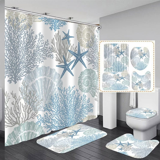 4 Pcs Beach Shower Curtain and Rugs Set