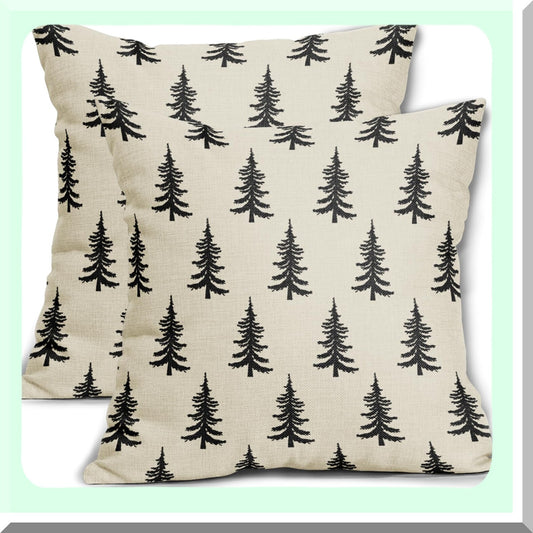 Winter Wonderland Tree Pillow Covers - Set of 2 Black Xmas Rustic Style 18x18 Outdoor Pillowcases. Farmhouse Vintage Holiday Decorations for Couch, Sofa, Bed.