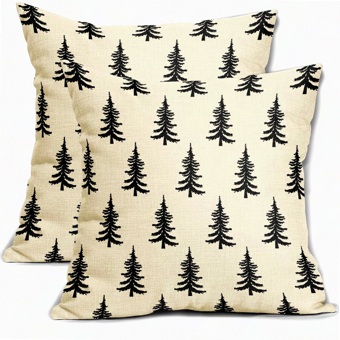 Winter Wonderland Tree Pillow Covers - Set of 2 Black Xmas Rustic Style 18x18 Outdoor Pillowcases. Farmhouse Vintage Holiday Decorations for Couch, Sofa, Bed.