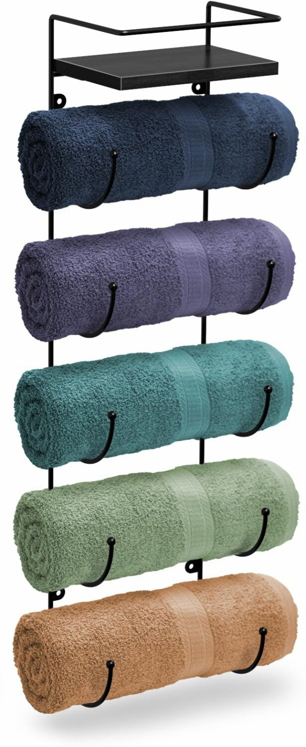 5-Tier Metal Wall Towel Rack with Wood Shelf