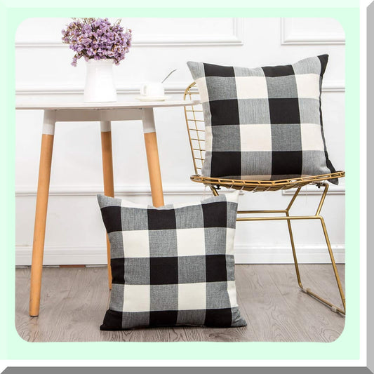 Buffalo Plaid Farmhouse Pillow Covers - Set of 2 | 20x20 Black & White Linen Cushion Covers for Fall Decor | Sofa, Couch, Outdoor Camping Accessories