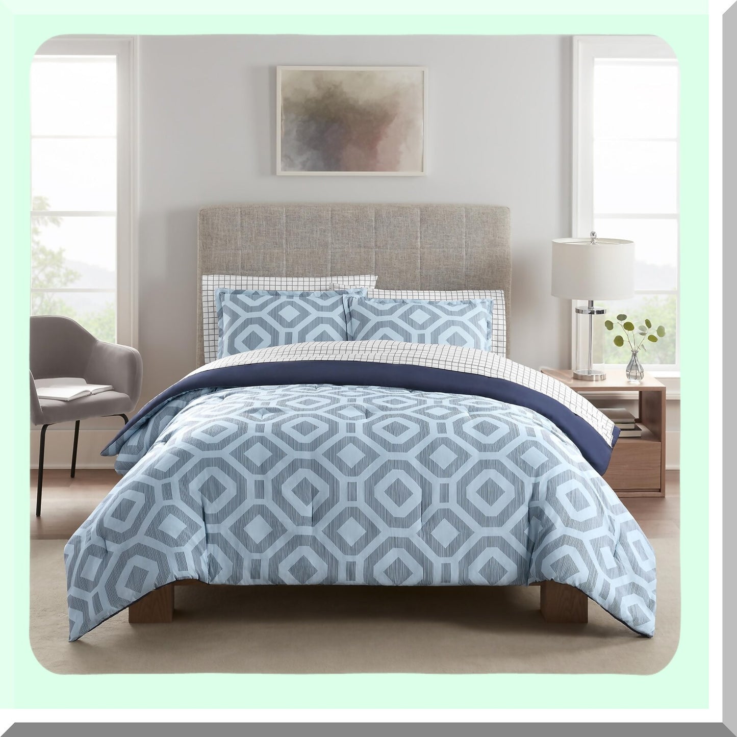 SkylerSoft Geometric 5-Piece Bed in A Bag Set - Complete Comforter Set with Sheets & Pillowcase - All Season Twin XL Bedding - Simply Clean Blue