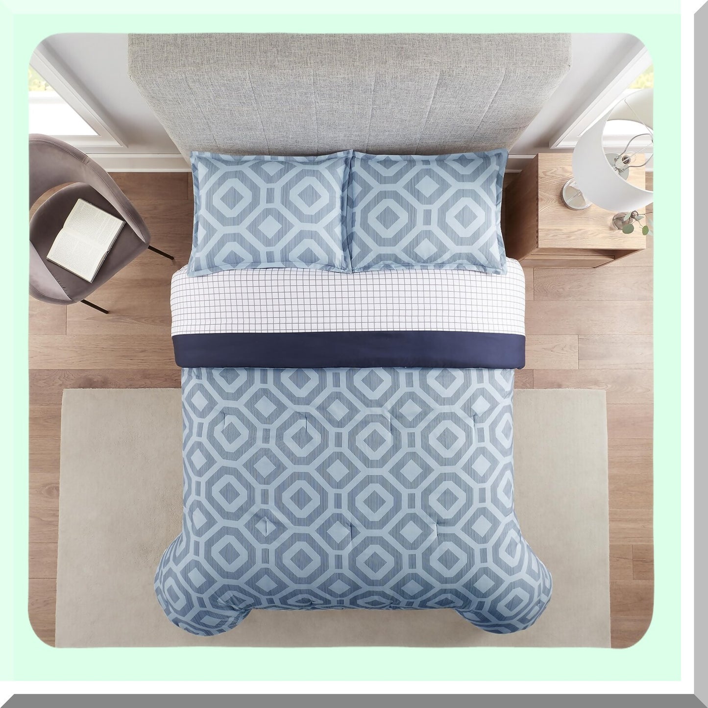 SkylerSoft Geometric 5-Piece Bed in A Bag Set - Complete Comforter Set with Sheets & Pillowcase - All Season Twin XL Bedding - Simply Clean Blue