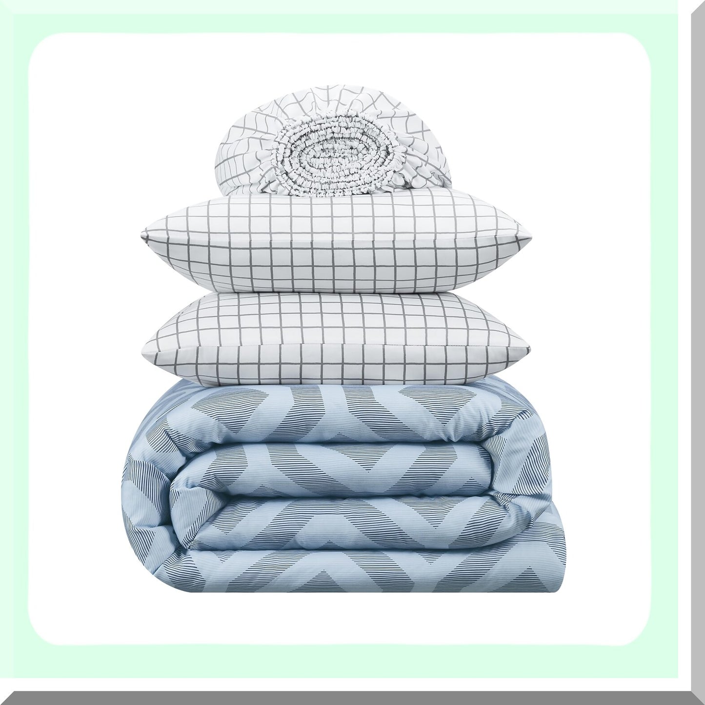 SkylerSoft Geometric 5-Piece Bed in A Bag Set - Complete Comforter Set with Sheets & Pillowcase - All Season Twin XL Bedding - Simply Clean Blue