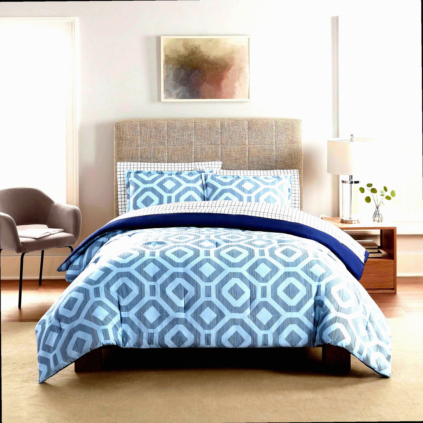 SkylerSoft Geometric 5-Piece Bed in A Bag Set - Complete Comforter Set with Sheets & Pillowcase - All Season Twin XL Bedding - Simply Clean Blue