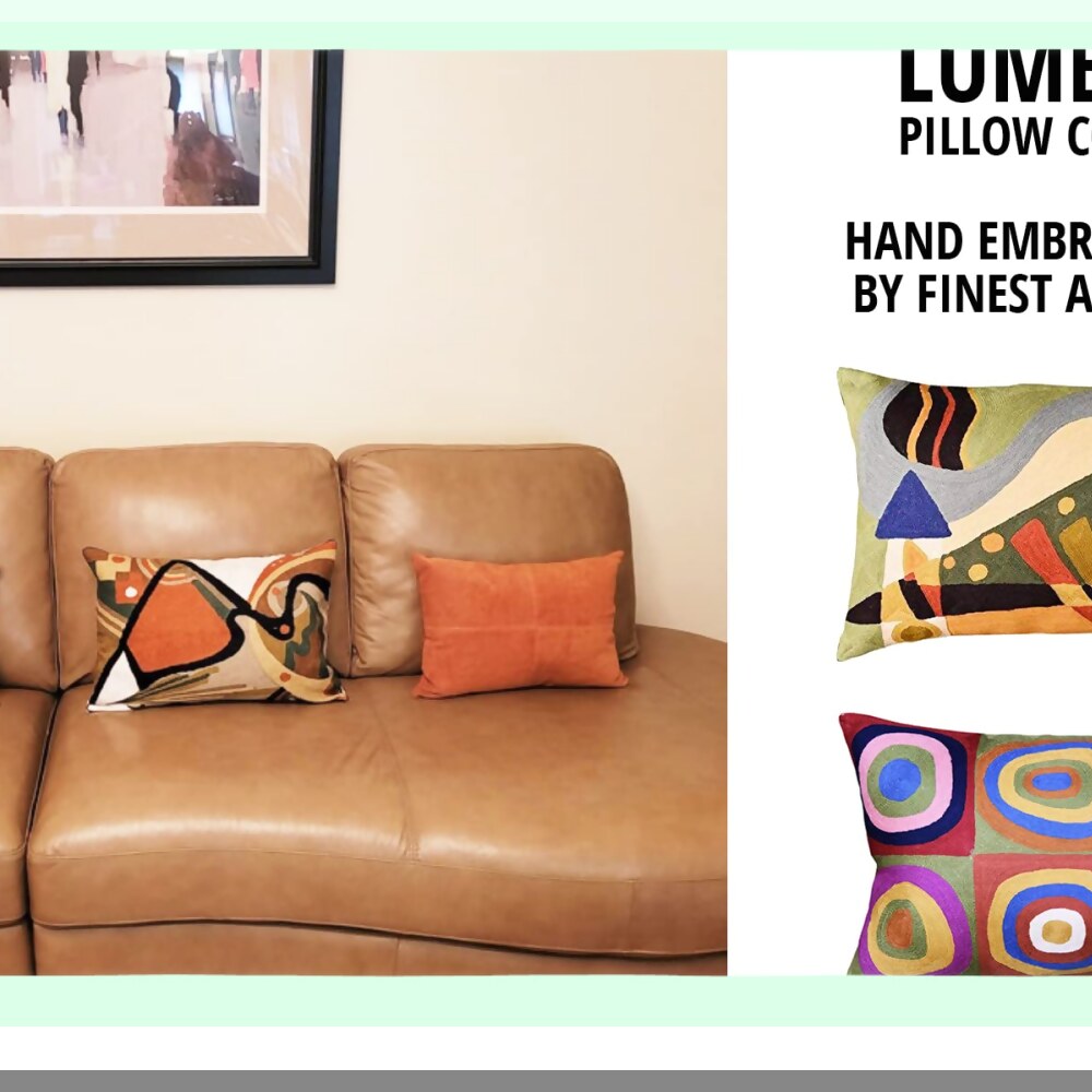 FlowBurnt Lumbar Pillowcase - Abstract Farmhouse Chair Cushion. Hand-Embroidered Wool Cover for Modern Outdoor Cushions. Size 14x20.