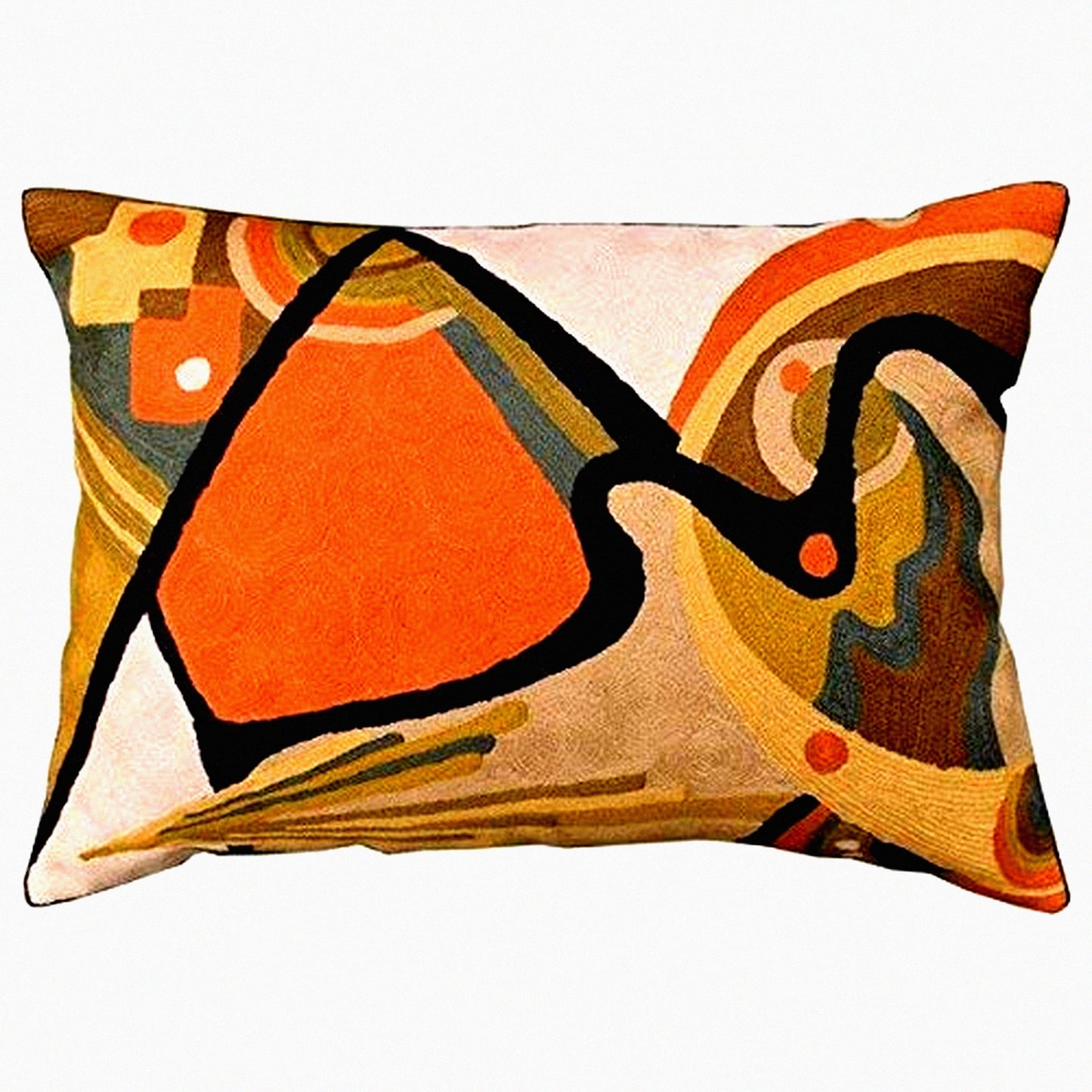 FlowBurnt Lumbar Pillowcase - Abstract Farmhouse Chair Cushion. Hand-Embroidered Wool Cover for Modern Outdoor Cushions. Size 14x20.