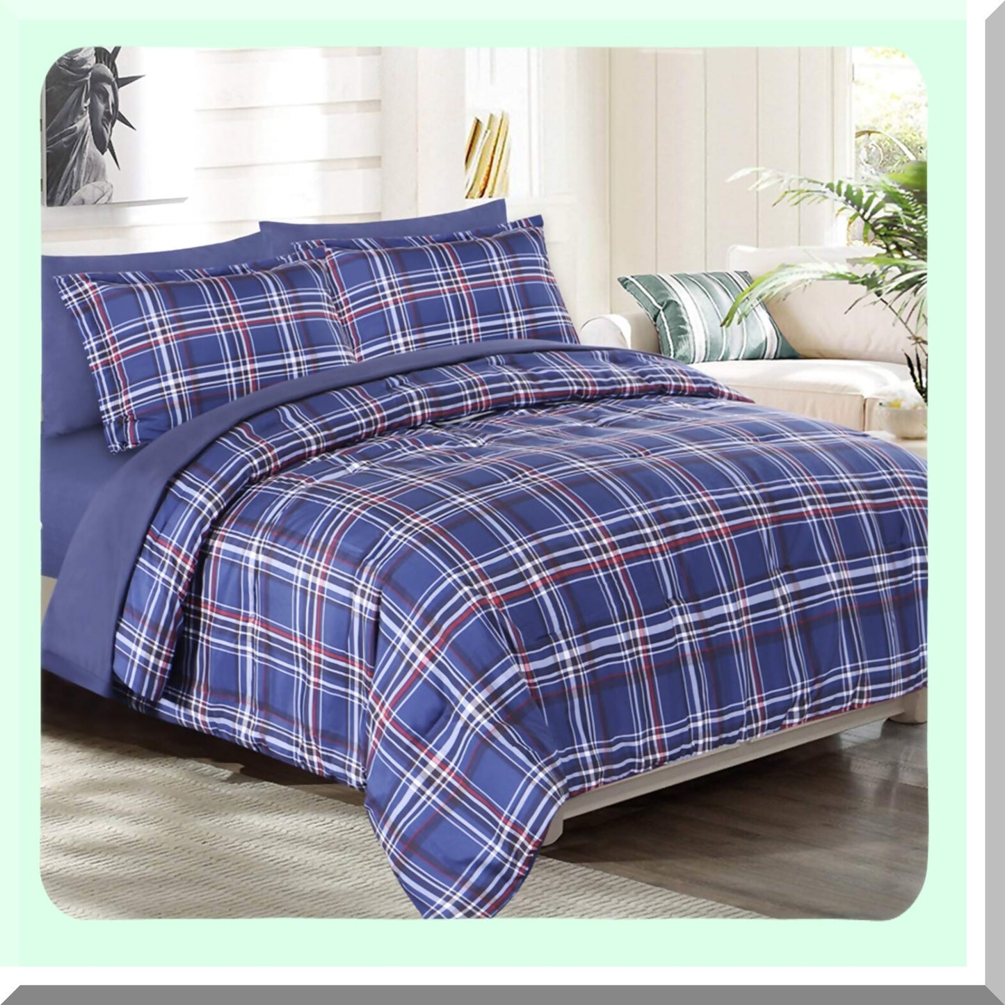 Blue Plaid Comforter Set - 7 Piece Bed in A Bag with Sheets, Brushed Microfiber Goose Down Alternative Bedding - Soft & Comfortable All Season Bed Set for Full/Queen Size - Queen Plaid Comforter Set