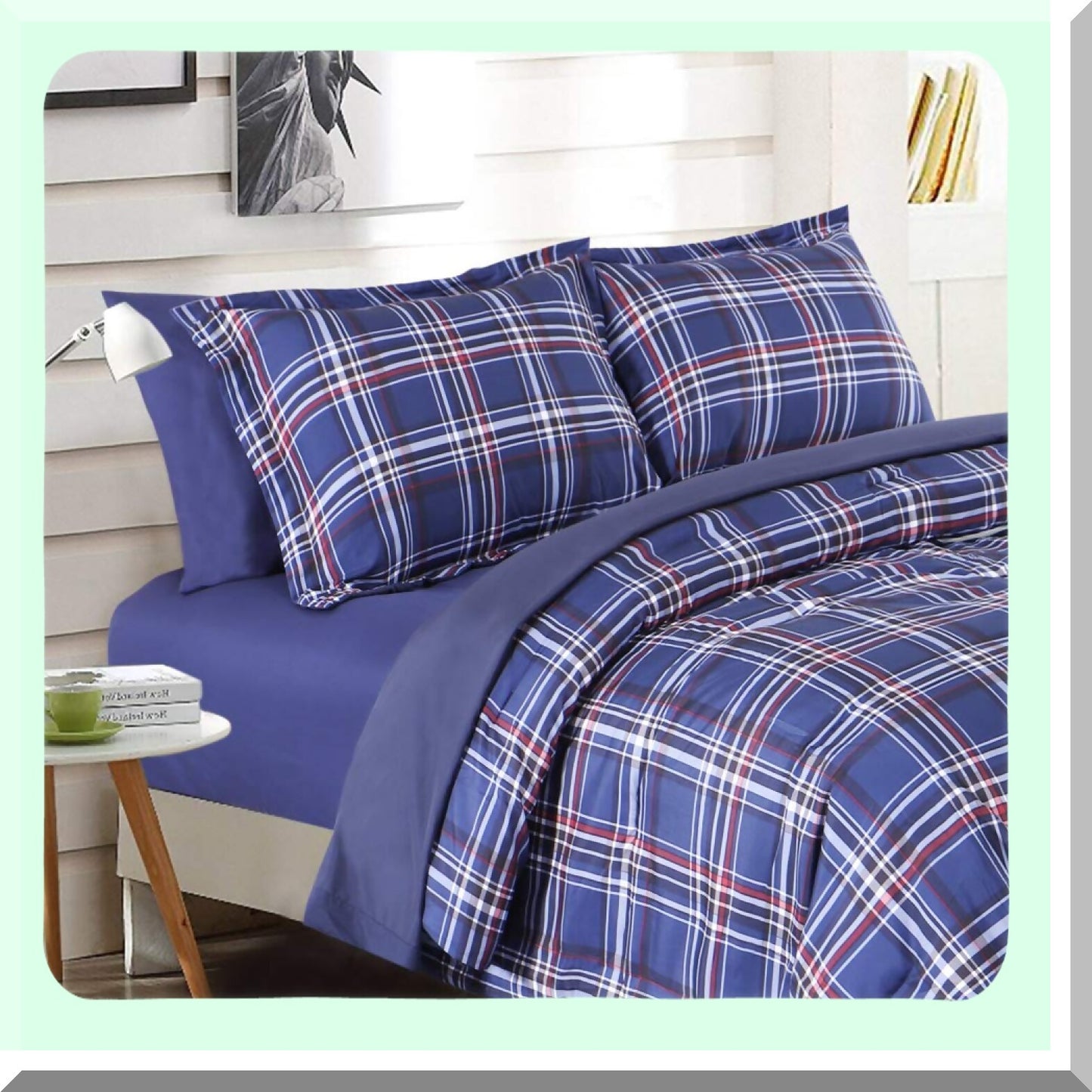 Blue Plaid Comforter Set - 7 Piece Bed in A Bag with Sheets, Brushed Microfiber Goose Down Alternative Bedding - Soft & Comfortable All Season Bed Set for Full/Queen Size - Queen Plaid Comforter Set