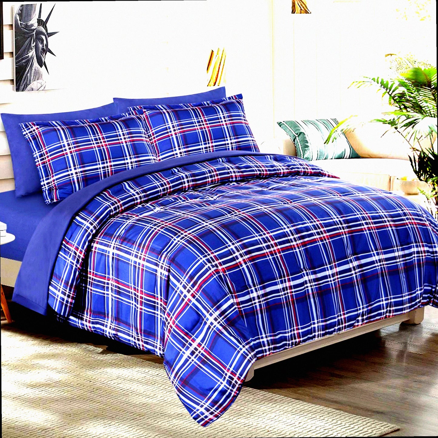 Blue Plaid Comforter Set - 7 Piece Bed in A Bag with Sheets, Brushed Microfiber Goose Down Alternative Bedding - Soft & Comfortable All Season Bed Set for Full/Queen Size - Queen Plaid Comforter Set