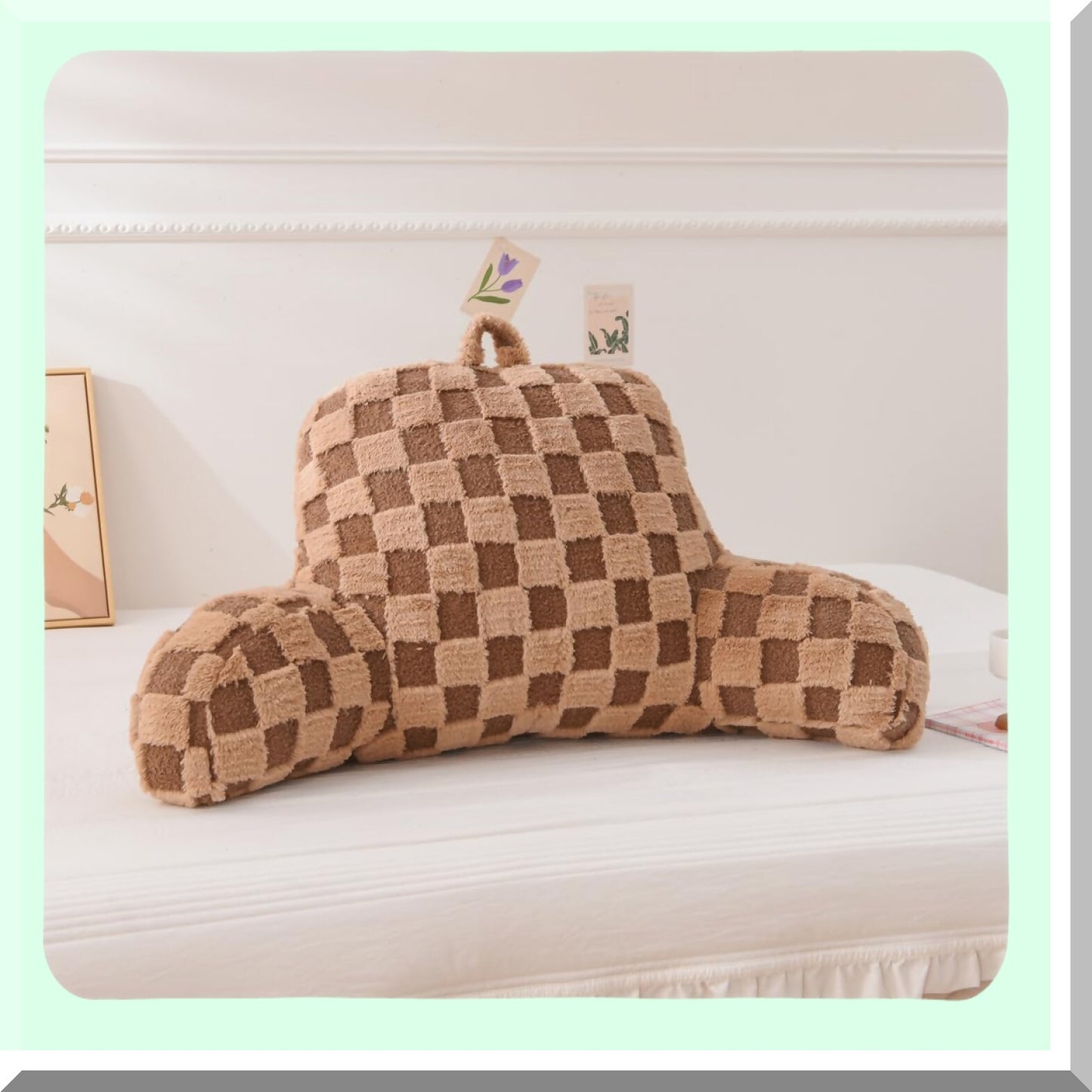 Khaki Checkered Backrest Pillow with Arms - Comfortable Reading Rest Cushion for Adults, Men, Women, Teens - Supportive Bed Rest for Lounging, Working - Back Support Pillow for Sitting Up in Bed