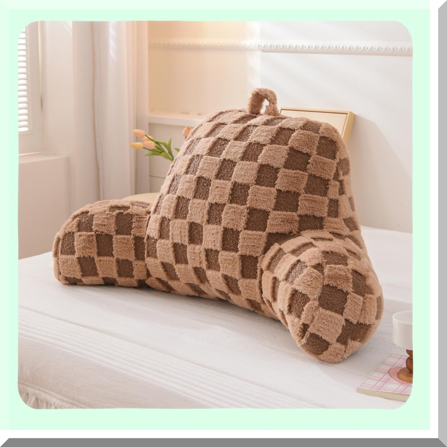 Khaki Checkered Backrest Pillow with Arms - Comfortable Reading Rest Cushion for Adults, Men, Women, Teens - Supportive Bed Rest for Lounging, Working - Back Support Pillow for Sitting Up in Bed