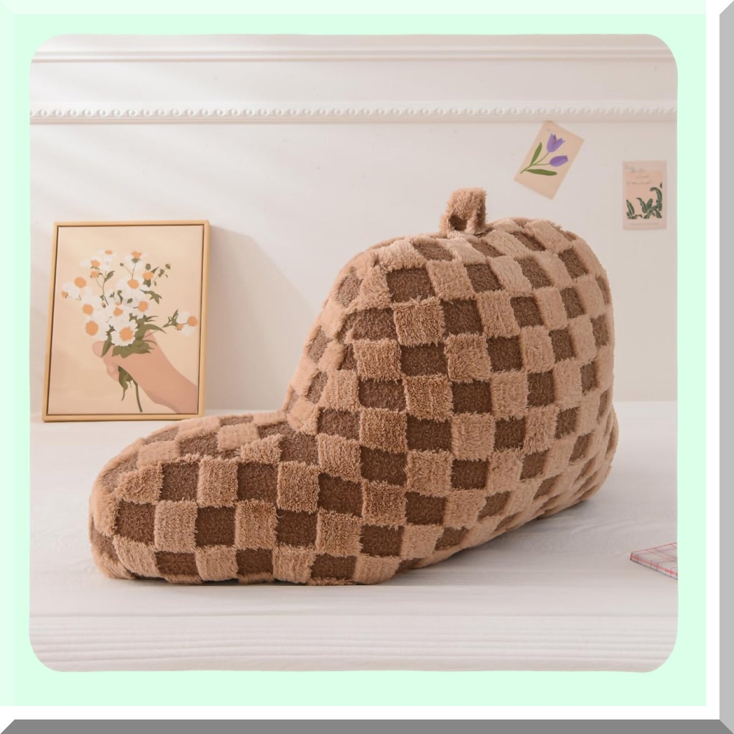 Khaki Checkered Backrest Pillow with Arms - Comfortable Reading Rest Cushion for Adults, Men, Women, Teens - Supportive Bed Rest for Lounging, Working - Back Support Pillow for Sitting Up in Bed