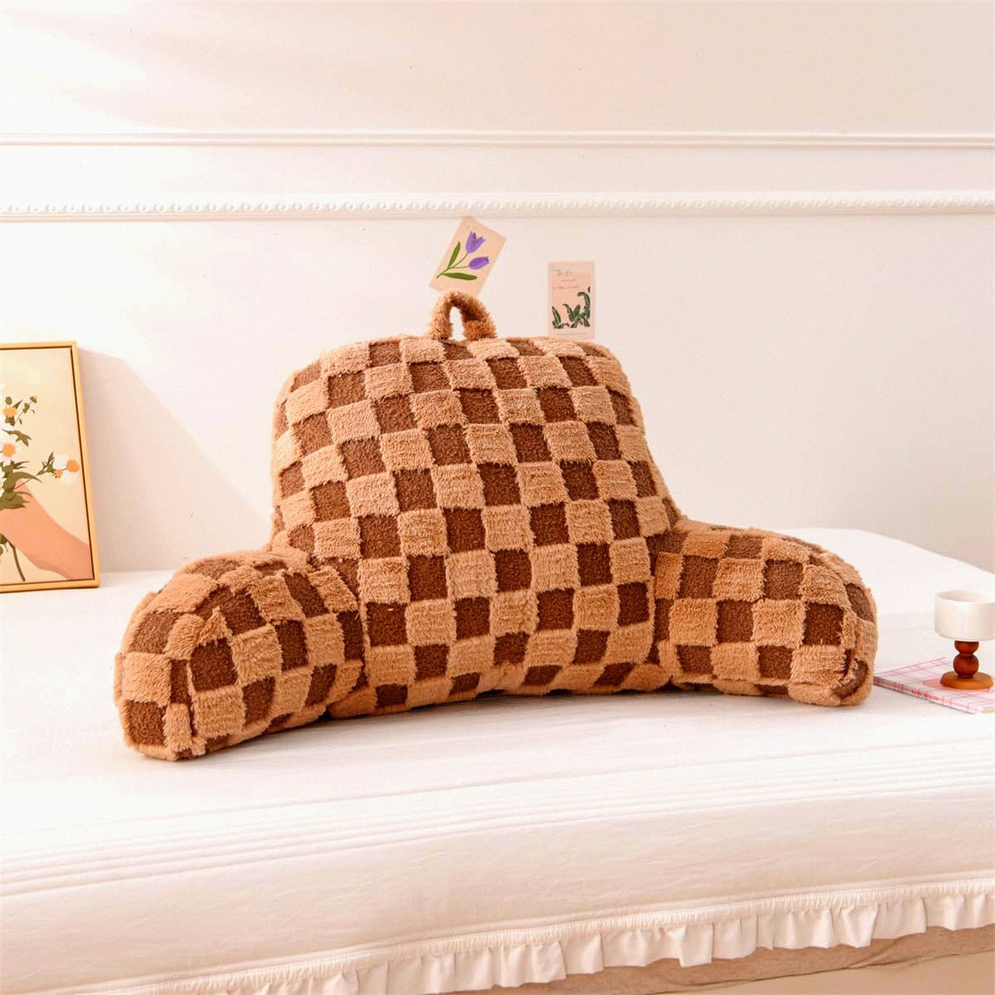 Khaki Checkered Backrest Pillow with Arms - Comfortable Reading Rest Cushion for Adults, Men, Women, Teens - Supportive Bed Rest for Lounging, Working - Back Support Pillow for Sitting Up in Bed