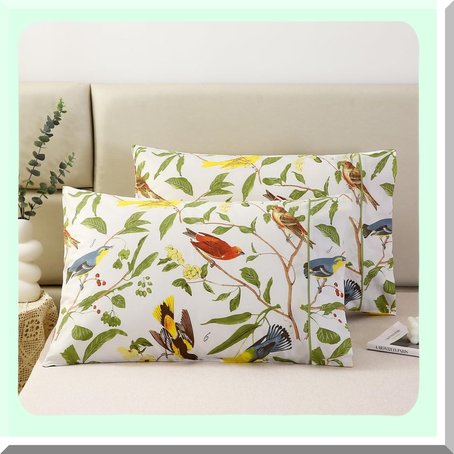 Garden Leaves Birds Printed Pillowcases - Set of 2 Standard Size Soft Breathable Decorative Covers, 100% Cotton, 20x26 Inches, Green Theme