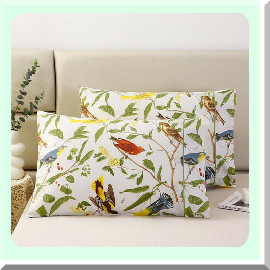 Garden Leaves Birds Printed Pillowcases - Set of 2 Standard Size Soft Breathable Decorative Covers, 100% Cotton, 20x26 Inches, Green Theme