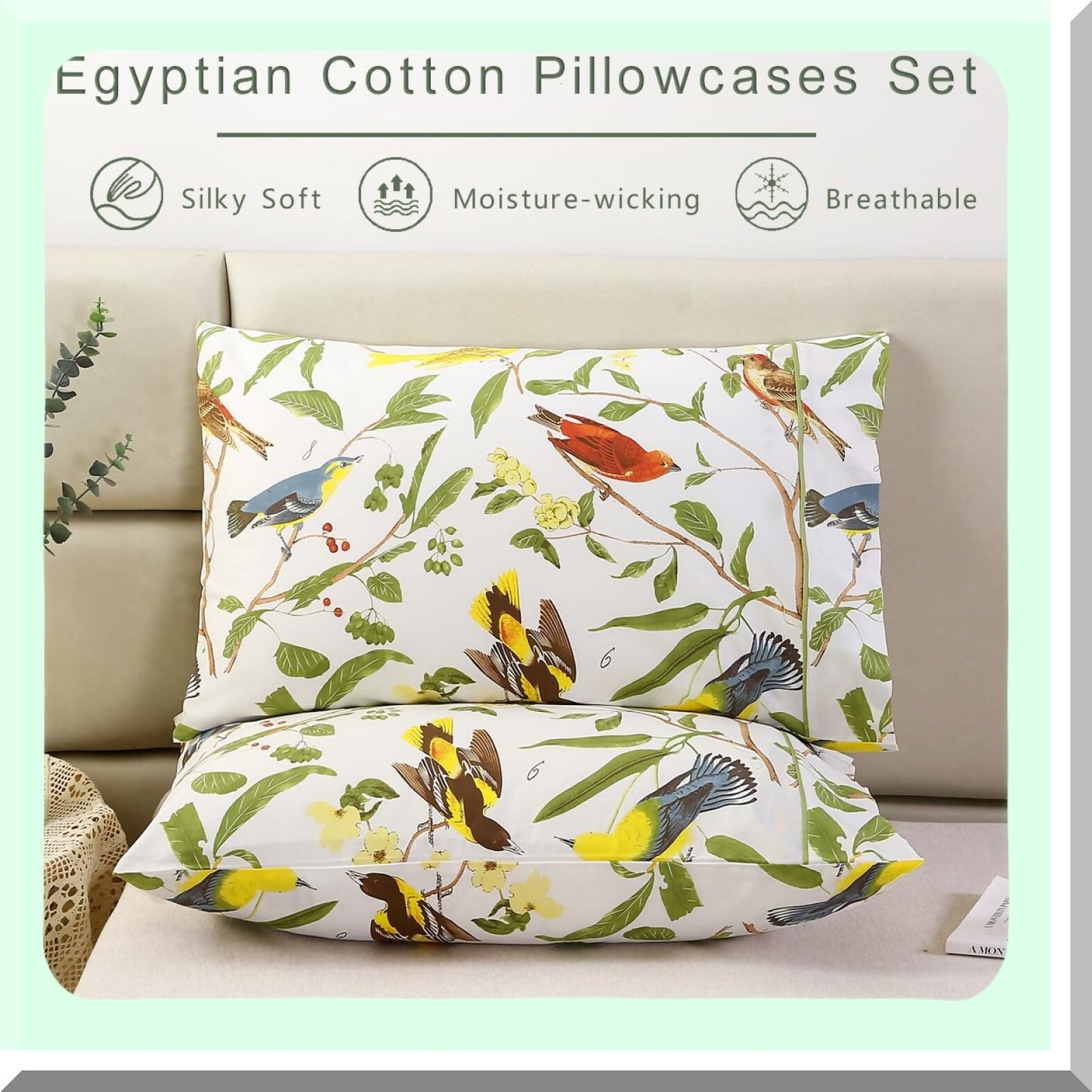 Garden Leaves Birds Printed Pillowcases - Set of 2 Standard Size Soft Breathable Decorative Covers, 100% Cotton, 20x26 Inches, Green Theme