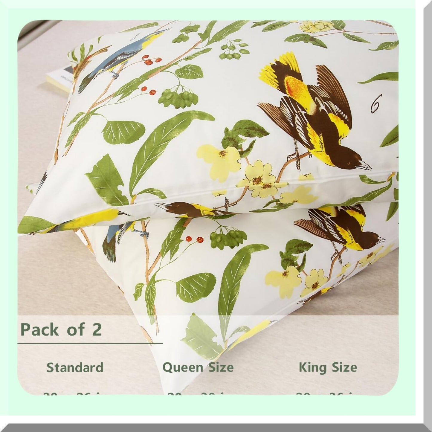 Garden Leaves Birds Printed Pillowcases - Set of 2 Standard Size Soft Breathable Decorative Covers, 100% Cotton, 20x26 Inches, Green Theme