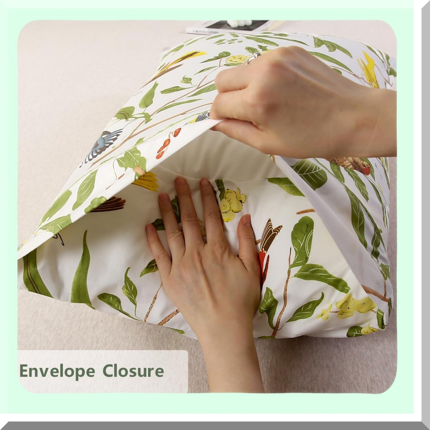 Garden Leaves Birds Printed Pillowcases - Set of 2 Standard Size Soft Breathable Decorative Covers, 100% Cotton, 20x26 Inches, Green Theme