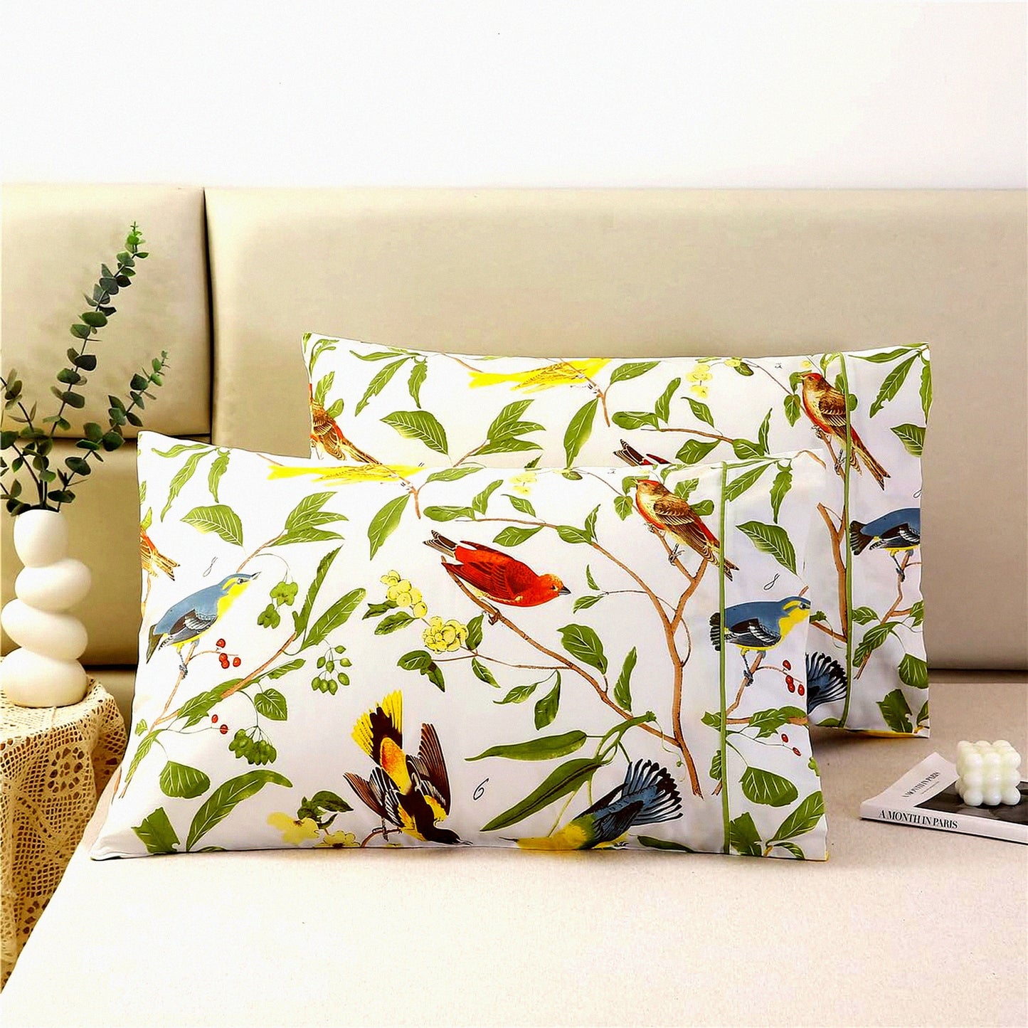 Garden Leaves Birds Printed Pillowcases - Set of 2 Standard Size Soft Breathable Decorative Covers, 100% Cotton, 20x26 Inches, Green Theme