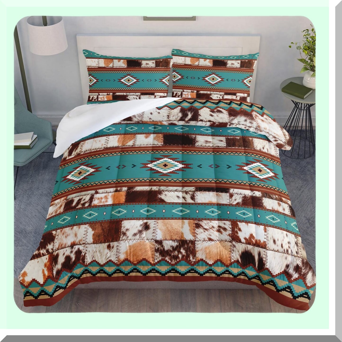 Cowhide Comforter Set - Full Size Geometric Tribal Theme - White Brown Hair Texture Bedding - 3 Piece Duvet Set with Quilt and Pillowcases