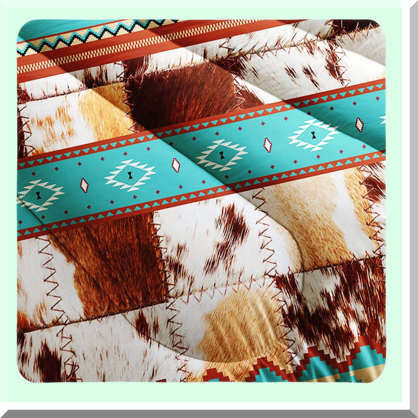 Cowhide Comforter Set - Full Size Geometric Tribal Theme - White Brown Hair Texture Bedding - 3 Piece Duvet Set with Quilt and Pillowcases