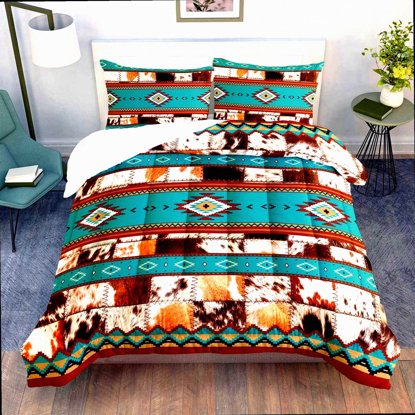 Cowhide Comforter Set - Full Size Geometric Tribal Theme - White Brown Hair Texture Bedding - 3 Piece Duvet Set with Quilt and Pillowcases