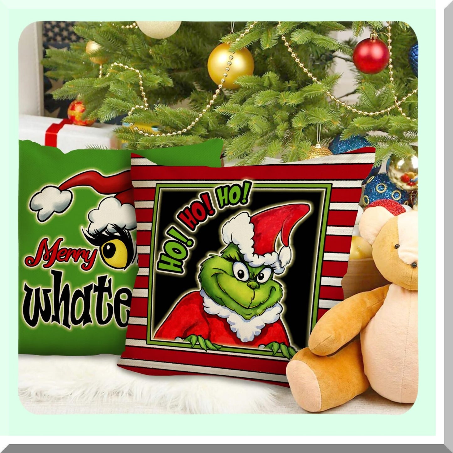 Winter Wonderland Festive Stripe Pillow Cover Set - 18x18, Xmas Hat Hohoho Holiday Patio Pillowcase, Stink Stank Stunk Polka Dot Cushion Case