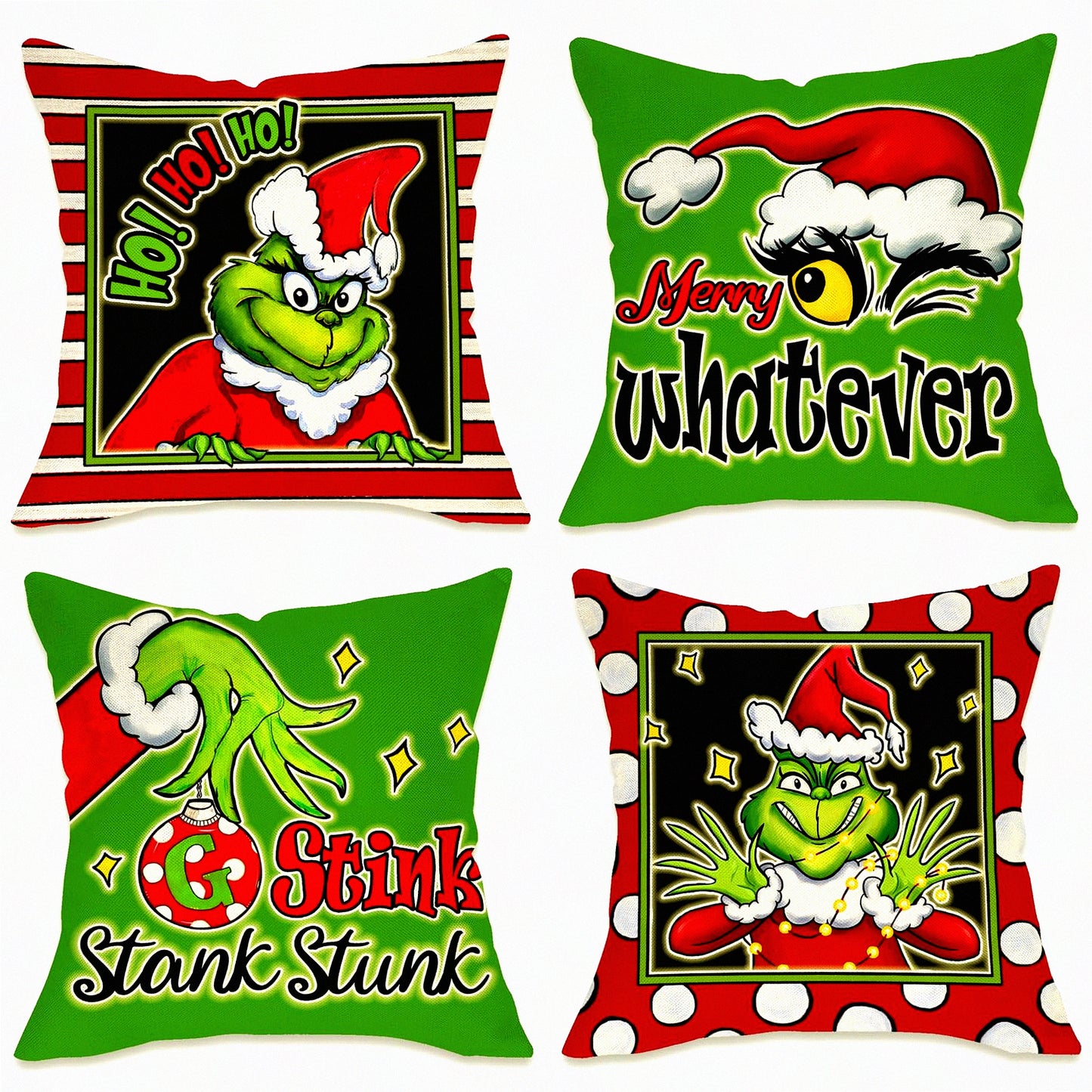 Winter Wonderland Festive Stripe Pillow Cover Set - 18x18, Xmas Hat Hohoho Holiday Patio Pillowcase, Stink Stank Stunk Polka Dot Cushion Case