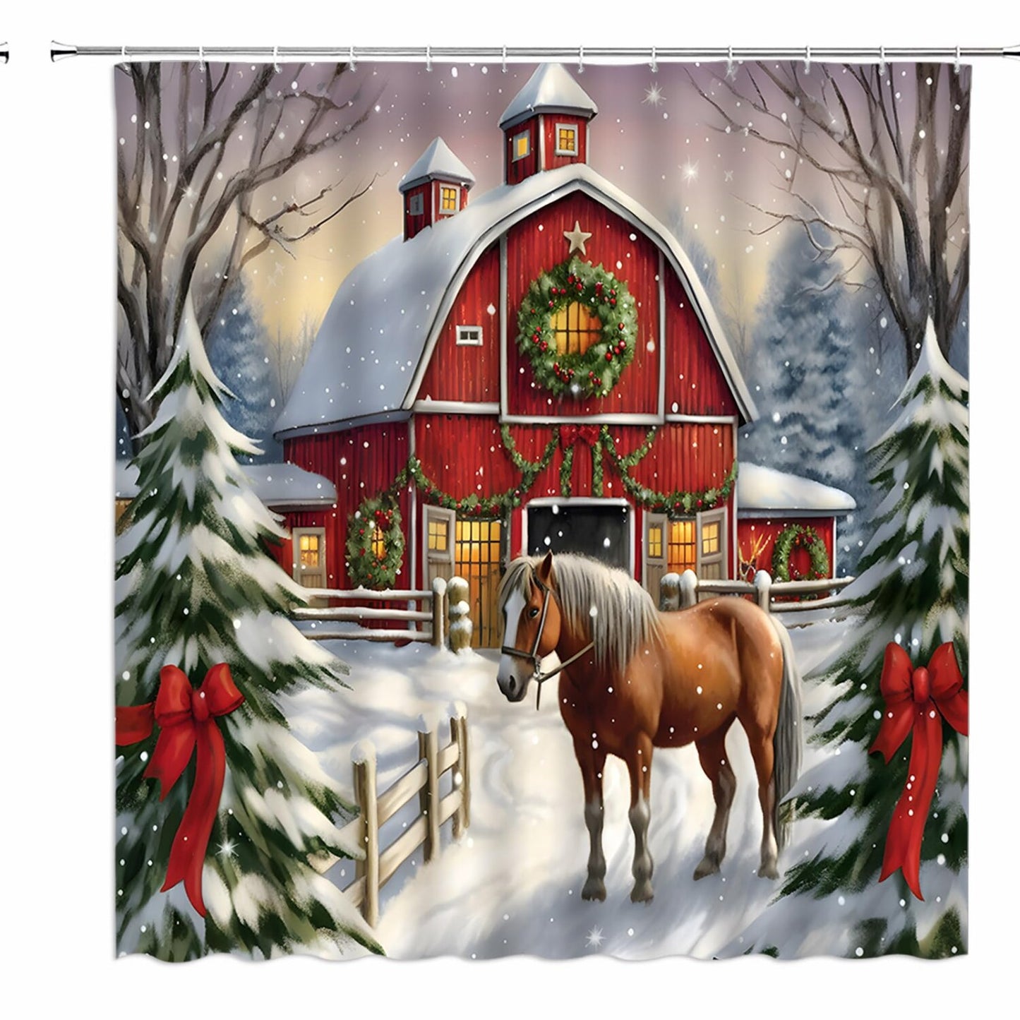 Farmhouse Snowy Pine Trees Shower Curtain with Hooks