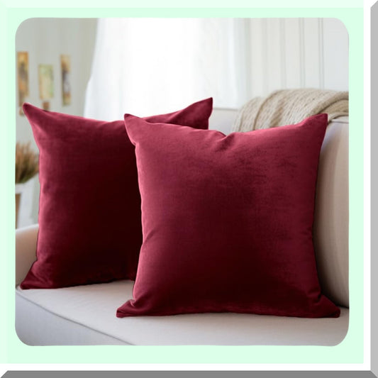 Maroon Velvet Thanksgiving Pillowcase Set - Soft 20"x20" Square Throw Pillow Cover Pair - Solid Plain Dyed Decorative Sham - Smooth 50x50 cm - No Insert