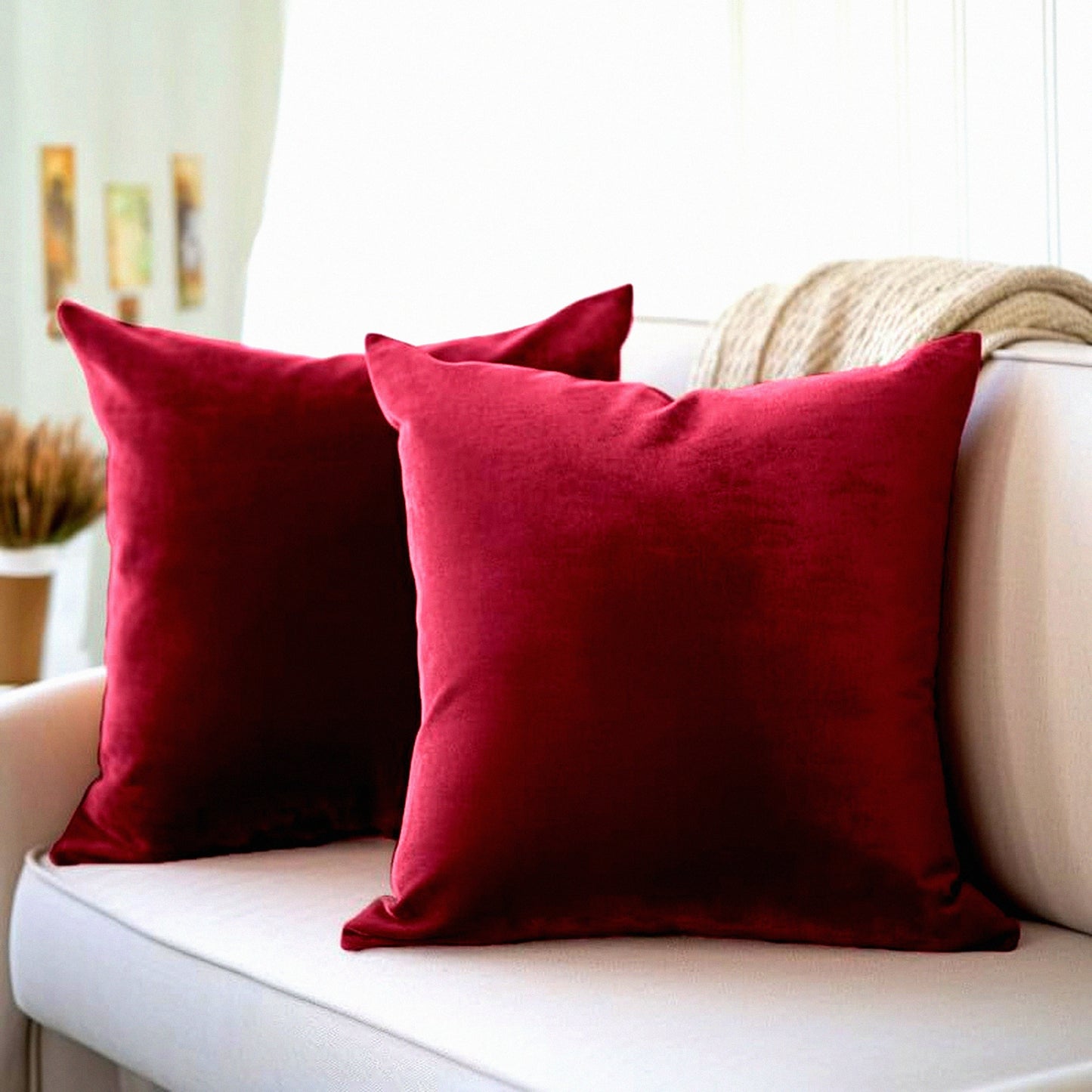 Maroon Velvet Thanksgiving Pillowcase Set - Soft 20"x20" Square Throw Pillow Cover Pair - Solid Plain Dyed Decorative Sham - Smooth 50x50 cm - No Insert