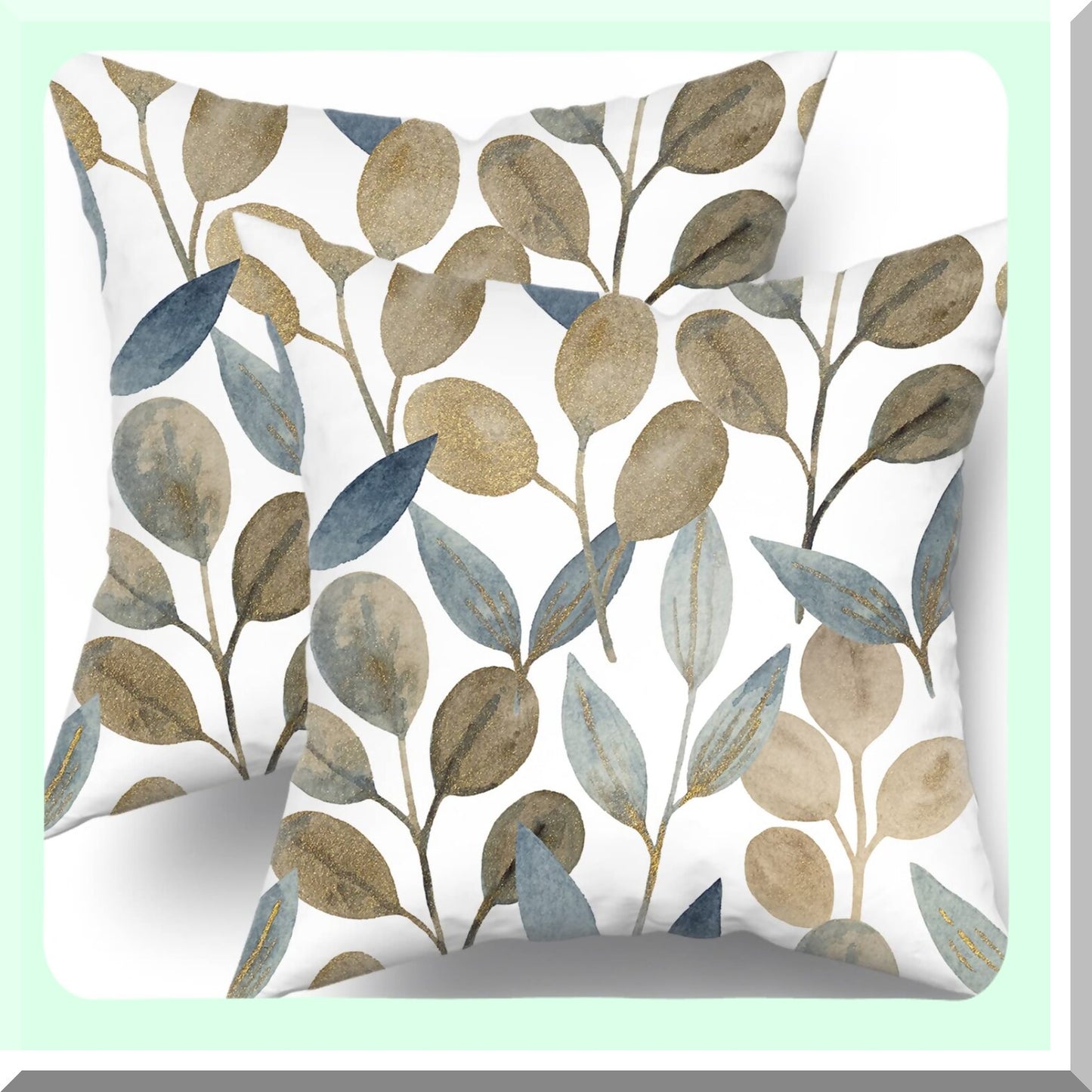 Eucalyptus Gold Leaf Spring Pillow Covers - Set of 2, Watercolor Blue Gray Leaves Throw Pillows - Modern Decor for Bed Couch Sofa Living Room - Gifts