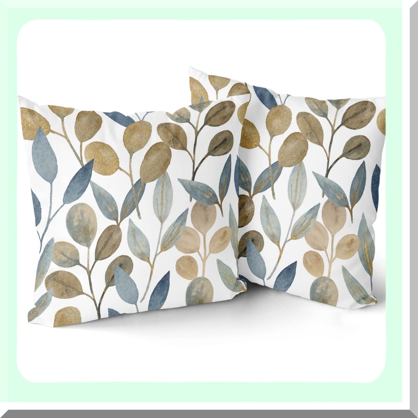 Eucalyptus Gold Leaf Spring Pillow Covers - Set of 2, Watercolor Blue Gray Leaves Throw Pillows - Modern Decor for Bed Couch Sofa Living Room - Gifts