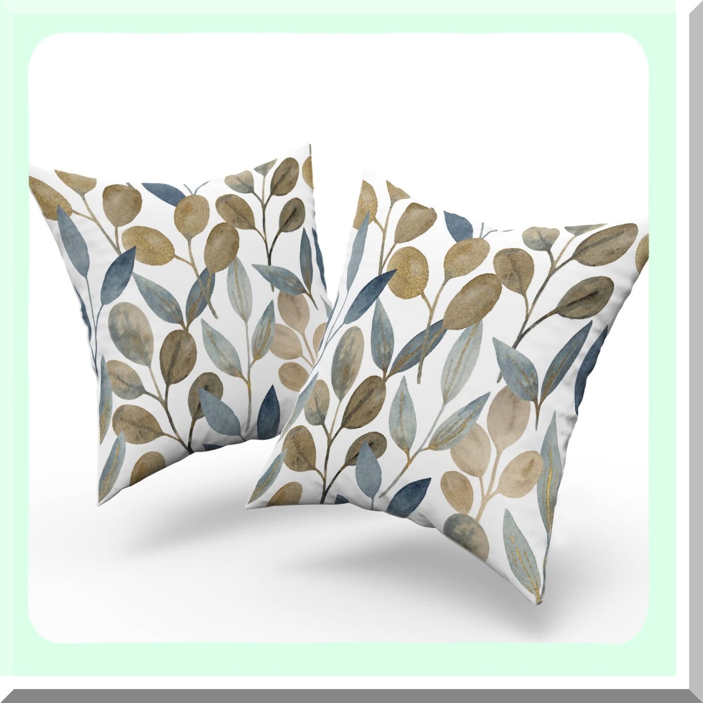 Eucalyptus Gold Leaf Spring Pillow Covers - Set of 2, Watercolor Blue Gray Leaves Throw Pillows - Modern Decor for Bed Couch Sofa Living Room - Gifts