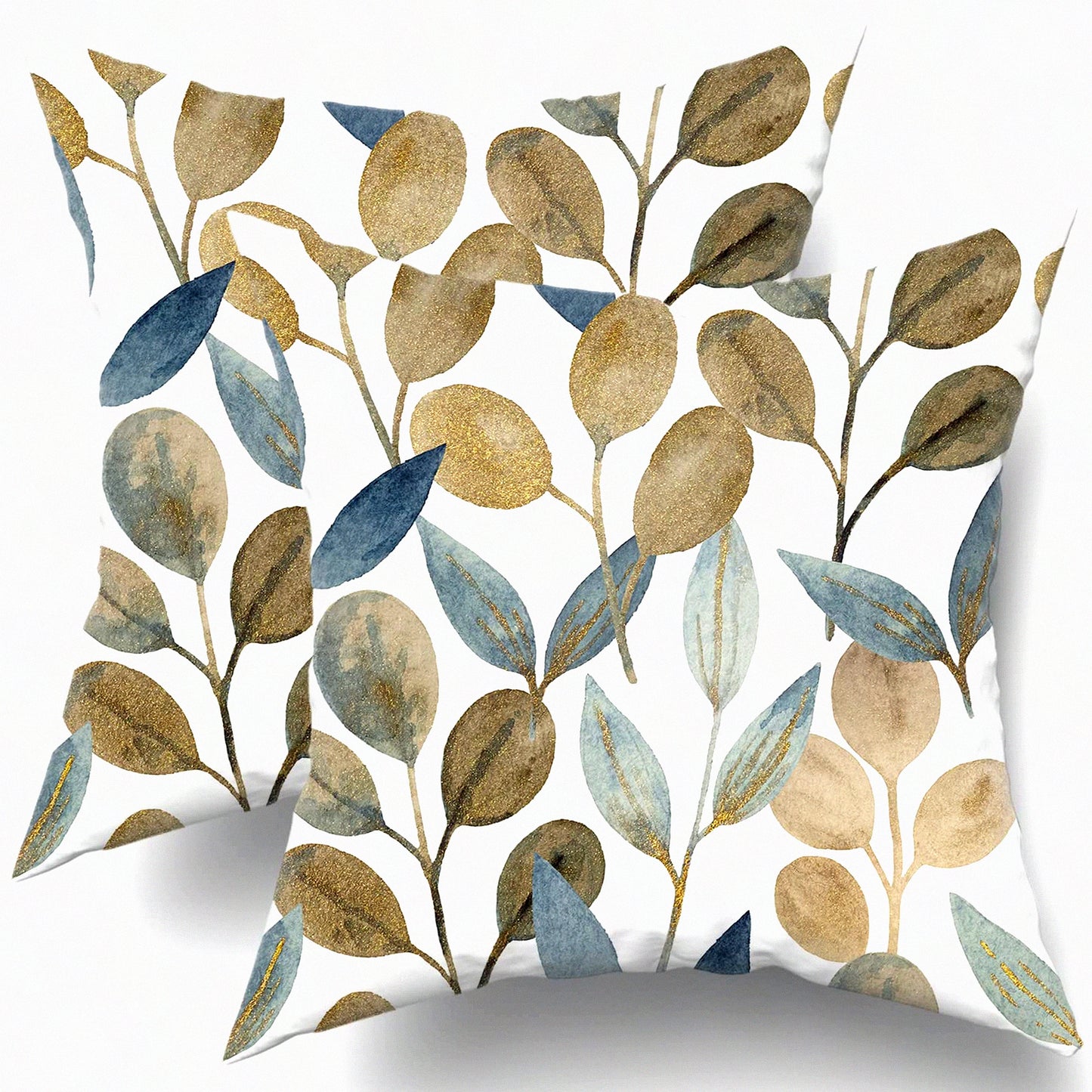 Eucalyptus Gold Leaf Spring Pillow Covers - Set of 2, Watercolor Blue Gray Leaves Throw Pillows - Modern Decor for Bed Couch Sofa Living Room - Gifts