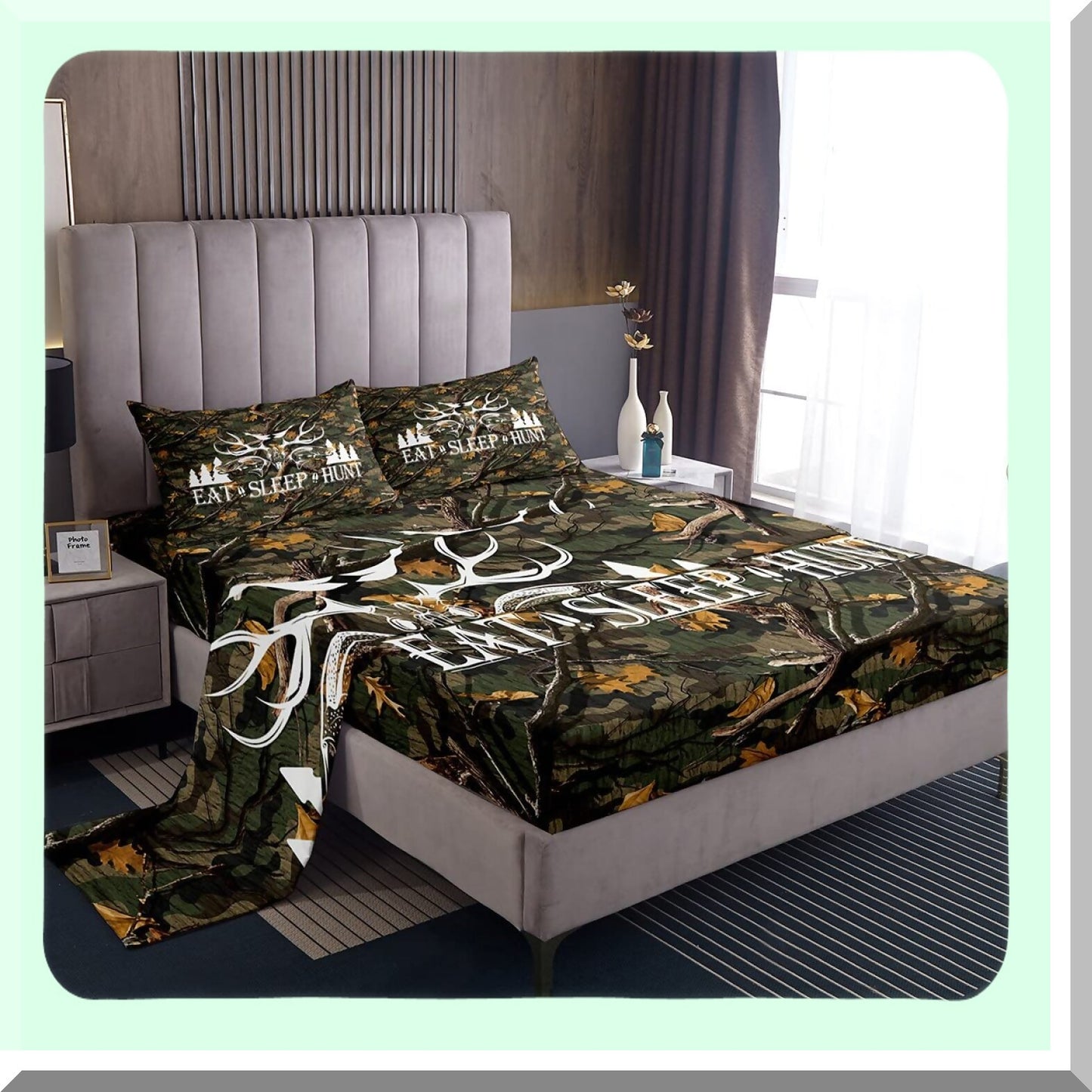 Wilderness Retreat Queen Size Bedding Set - Deer Antler Fish Bird Pine Trees Print - Brushed Microfiber Luxury Bed Sheets - Green Camo Leaves - 1 Flat, 1 Fitted Sheet, 2 Pillowcases