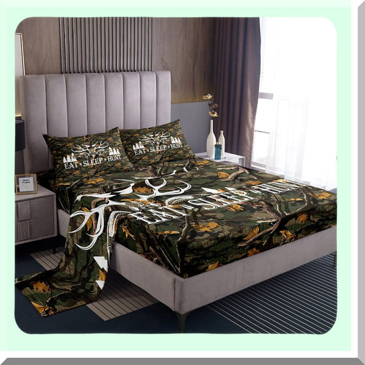 Wilderness Retreat Queen Size Bedding Set - Deer Antler Fish Bird Pine Trees Print - Brushed Microfiber Luxury Bed Sheets - Green Camo Leaves - 1 Flat, 1 Fitted Sheet, 2 Pillowcases