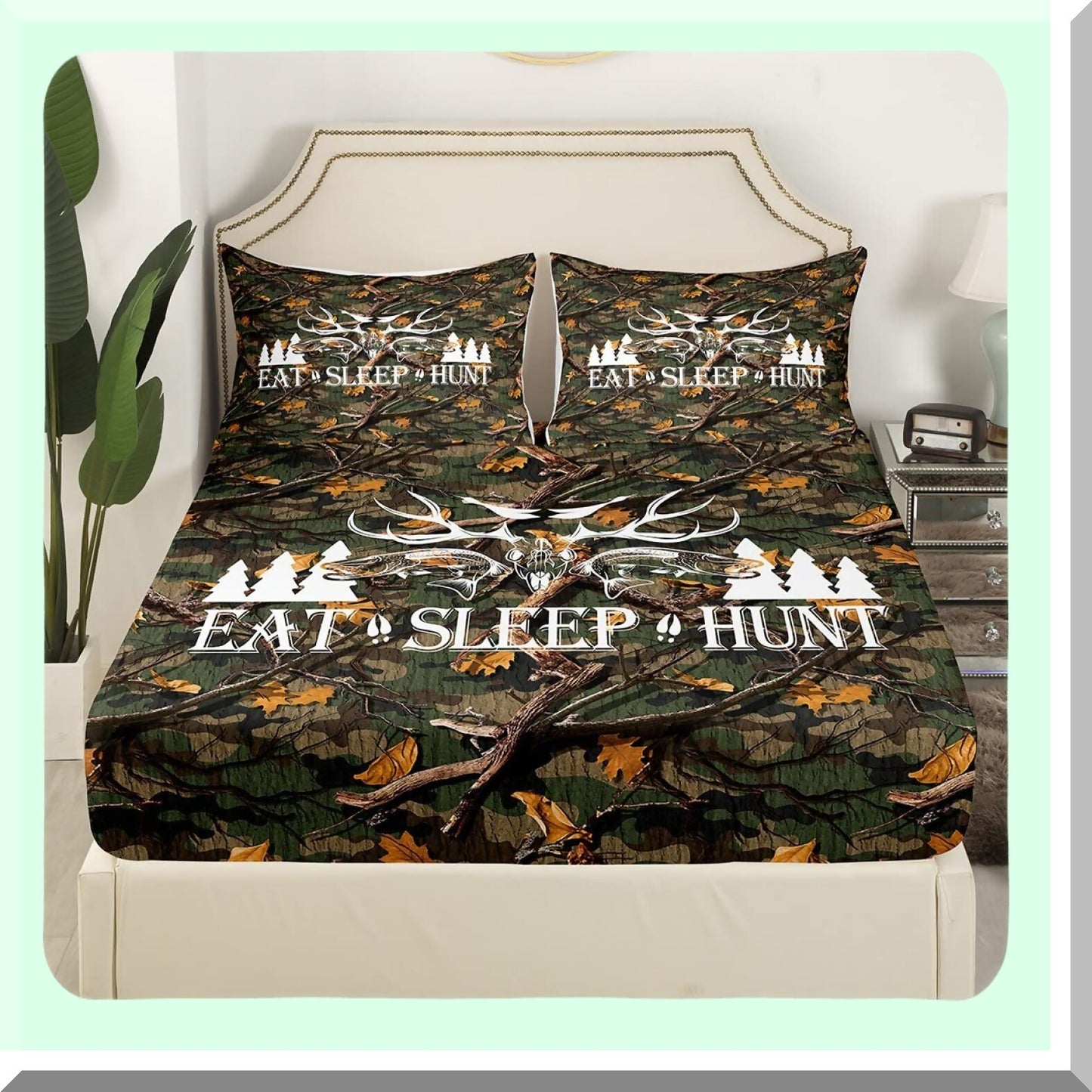 Wilderness Retreat Queen Size Bedding Set - Deer Antler Fish Bird Pine Trees Print - Brushed Microfiber Luxury Bed Sheets - Green Camo Leaves - 1 Flat, 1 Fitted Sheet, 2 Pillowcases