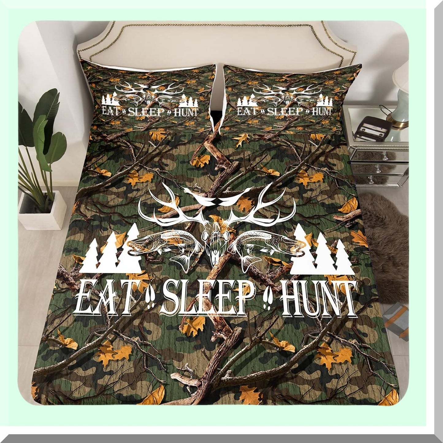 Wilderness Retreat Queen Size Bedding Set - Deer Antler Fish Bird Pine Trees Print - Brushed Microfiber Luxury Bed Sheets - Green Camo Leaves - 1 Flat, 1 Fitted Sheet, 2 Pillowcases