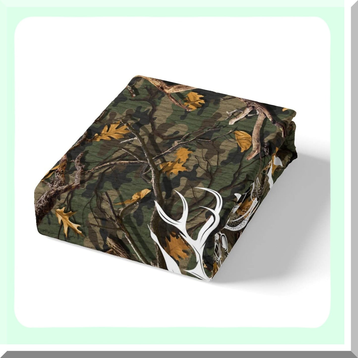 Wilderness Retreat Queen Size Bedding Set - Deer Antler Fish Bird Pine Trees Print - Brushed Microfiber Luxury Bed Sheets - Green Camo Leaves - 1 Flat, 1 Fitted Sheet, 2 Pillowcases