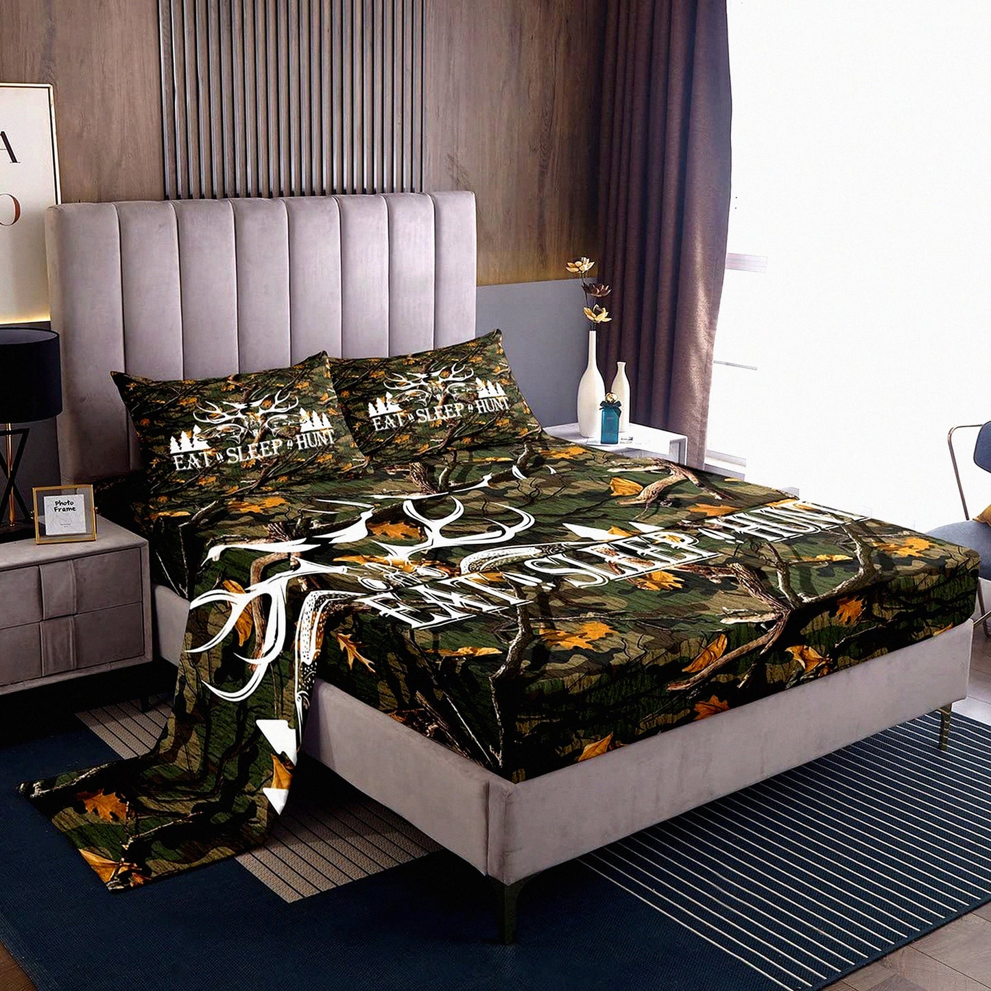 Wilderness Retreat Queen Size Bedding Set - Deer Antler Fish Bird Pine Trees Print - Brushed Microfiber Luxury Bed Sheets - Green Camo Leaves - 1 Flat, 1 Fitted Sheet, 2 Pillowcases