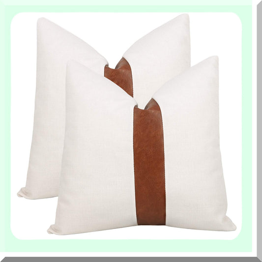 White Linen Patchwork Leather Throw Pillow Covers - Set of 2 | Modern Accent Decorative Square Cushion Covers for Couch, Living Room, Bedroom | 20x20 inch