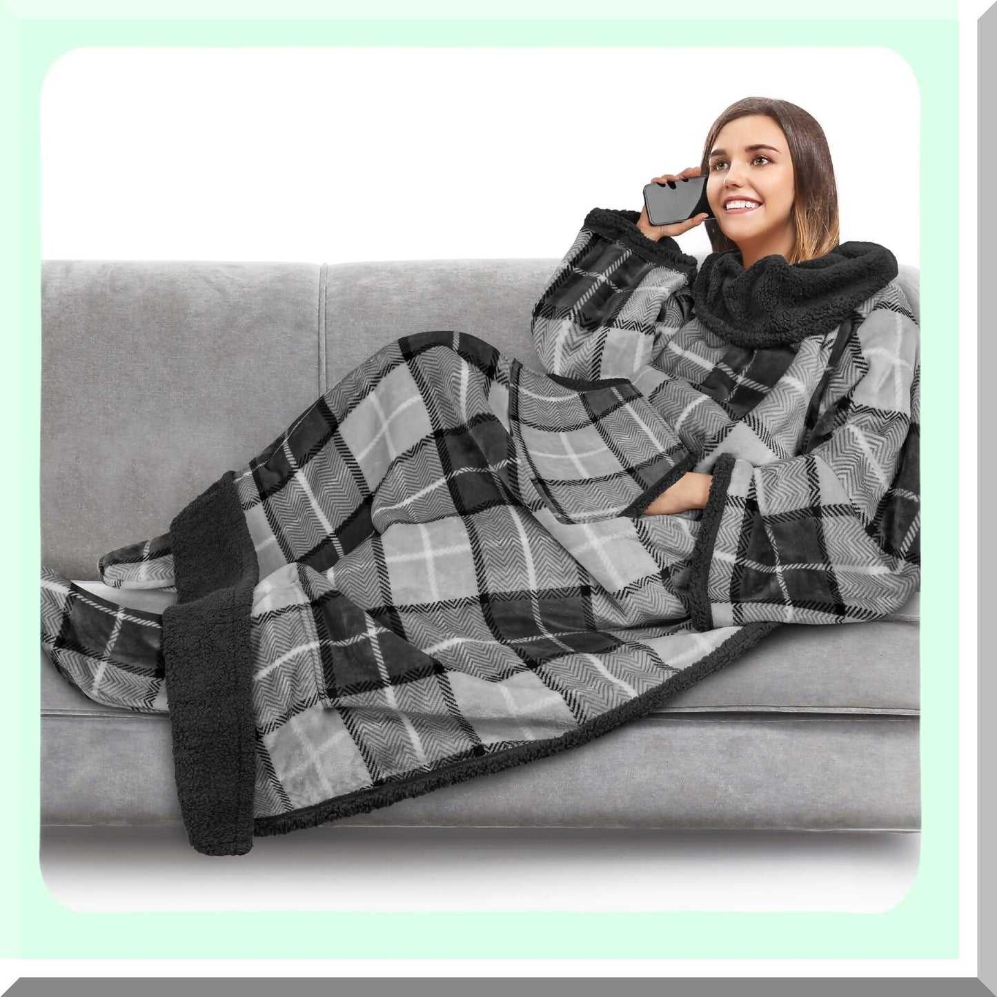 CozySleeve Sherpa Blanket with Foot Pocket - Fleece Snuggle Wrap for Adults, Thick Sleep Pod Robe, Perfect Gift for Women & Men, Plaid Gray