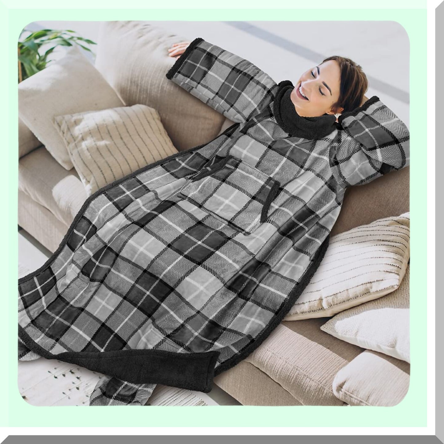 CozySleeve Sherpa Blanket with Foot Pocket - Fleece Snuggle Wrap for Adults, Thick Sleep Pod Robe, Perfect Gift for Women & Men, Plaid Gray