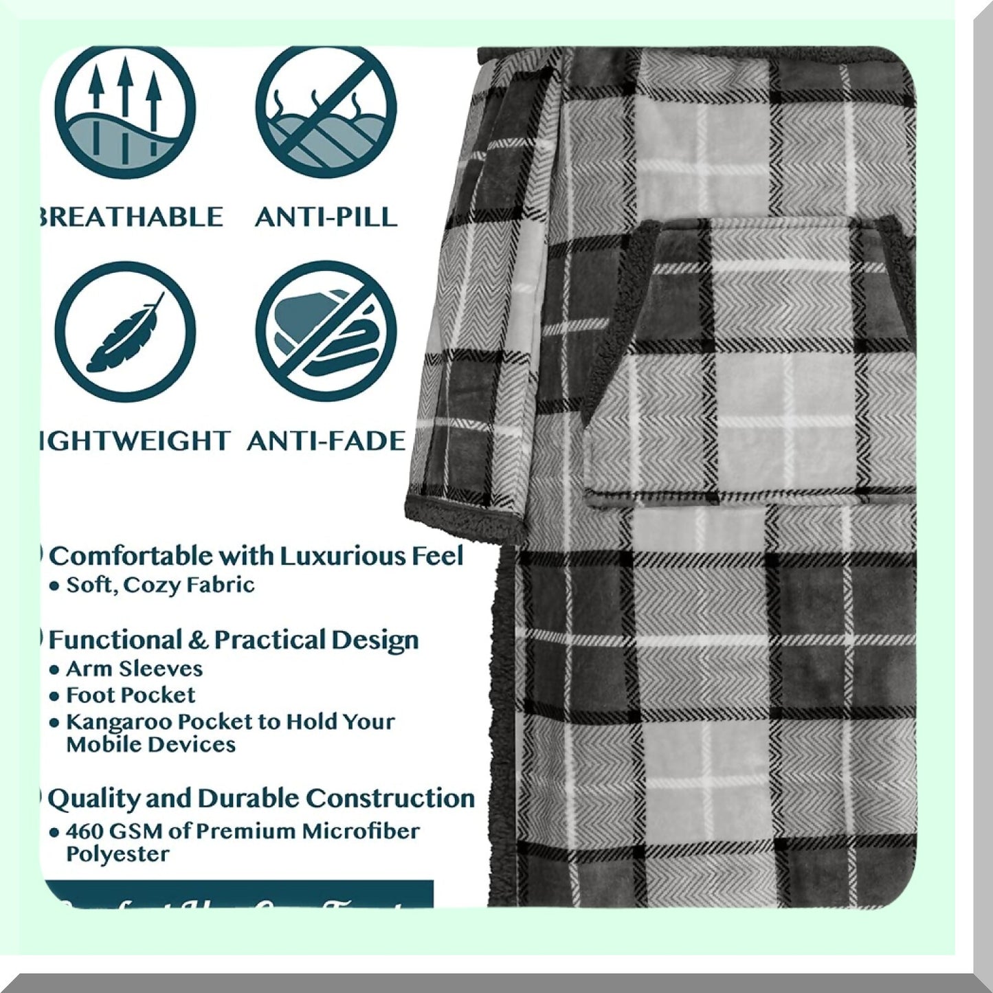 CozySleeve Sherpa Blanket with Foot Pocket - Fleece Snuggle Wrap for Adults, Thick Sleep Pod Robe, Perfect Gift for Women & Men, Plaid Gray