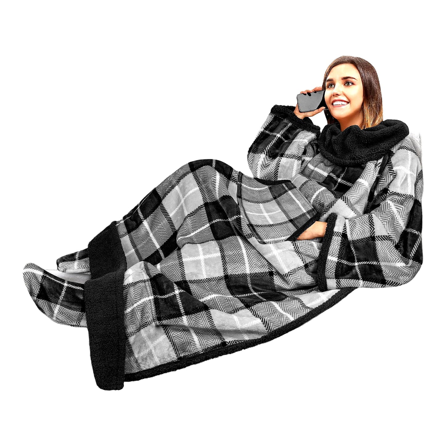 CozySleeve Sherpa Blanket with Foot Pocket - Fleece Snuggle Wrap for Adults, Thick Sleep Pod Robe, Perfect Gift for Women & Men, Plaid Gray